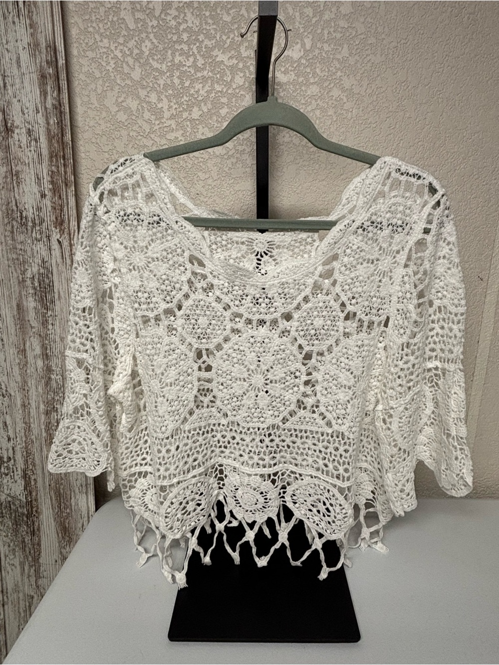 Women's White Crochet Tunic Top with Fringe
